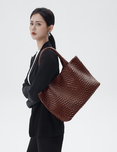 Handmade Woven Tote Bag for Women, Soft Vegan Leather Shoulder Bag with Purse, Large Travel Handbag - color: Red-brown