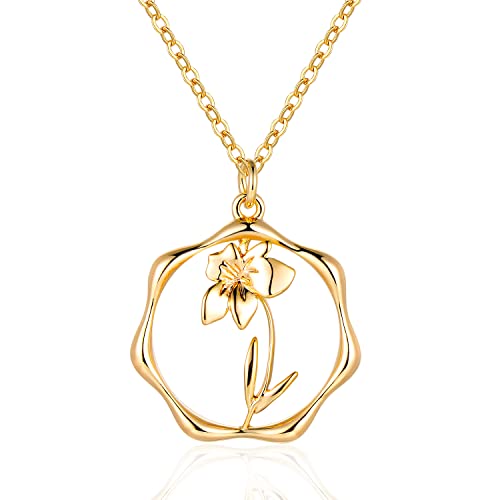 Gold Necklace for Women Birth Flower Necklaces 18K Gold Plated Custom Birth Month Floral Necklaces Birthday Gifts for Women - style: Gold-03-Daffodil