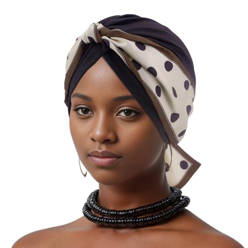Erinaco Women Sparkle Sequin African Turban Bow Knot Pre-Tied Cap Pleated Ruffle Bonnet Beanie Hat Headwrap Skull Caps - color: Black Polka Dots