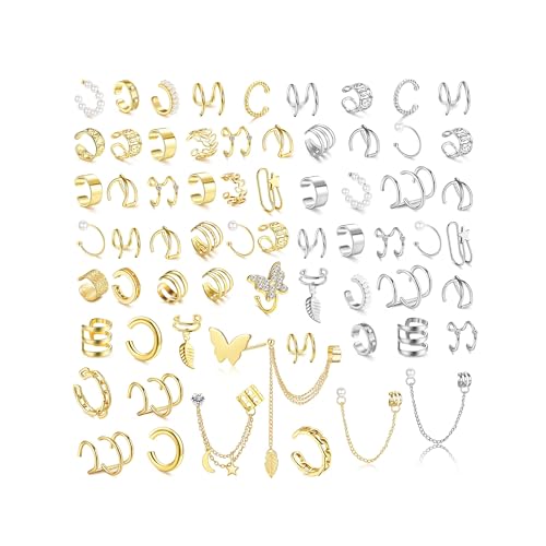 66Pcs Ear Cuff Earrings for Women Non Piercing, Fake Earrings, Silver Clip on Cartilage Earrings for Sensitive Ears Gold Ear Wrap Earrings for Helix Cartilage Butterfly Ear Cuffs Non Piercing