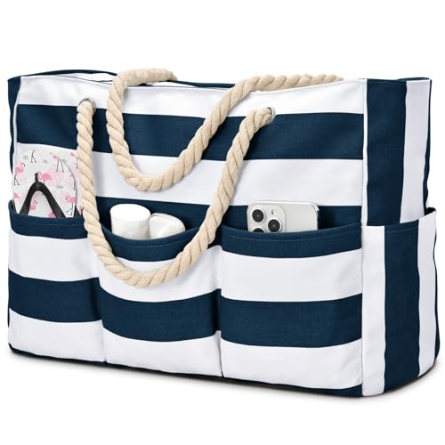 Becokan Beach Bags for Women Canvas Large Beach Tote Bag Zipper Waterproof Sandproof Foldable Swim Pool Bag with 7 Pockets - color: Dark Blue