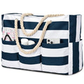 Becokan Beach Bags for Women Canvas Large Beach Tote Bag Zipper Waterproof Sandproof Foldable Swim Pool Bag with 7 Pockets - color: Dark Blue