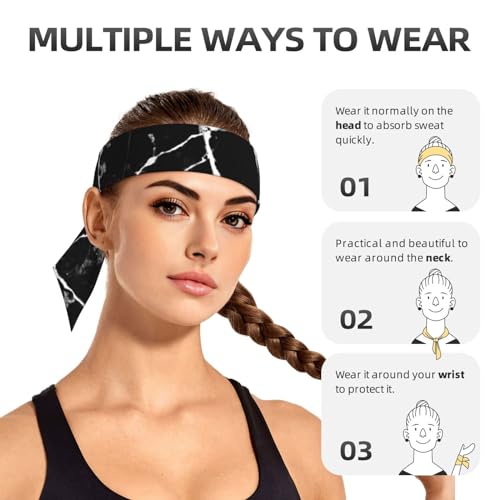 Sports Head Tie Westie Dogs Beach Summer Tropical Tie Sweatband Headband Men Women Elastic Bandana Adjustable Non-Slip Moisture Wicking for Running Football Yoga Workout Athletic Hair Ninja Head Band - color: Marble Print Black White