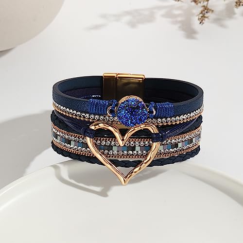 Womens Multi Layer Heart Leather Wrap Bracelet Boho Stackable Cuff Bangle Magnetic Clasp Crystal Birthday Valentine Gift - color: Navy Blue