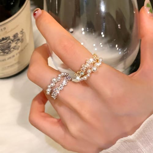 Vintage Crystal Pearl Ring Adjustable Shiny Rhinestone Wrapped Ring Layered Cocktail Knuckle Finge Rings Irregular Pearl Open Band Rings Jewelry Gifts - color: Gold