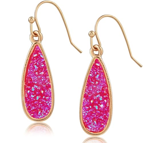 Teardrop Dangle Earrings for Women with Simulated Druzy Stones, in Gold or Rose Gold Tone - color: Gold - Hot Pink Stone