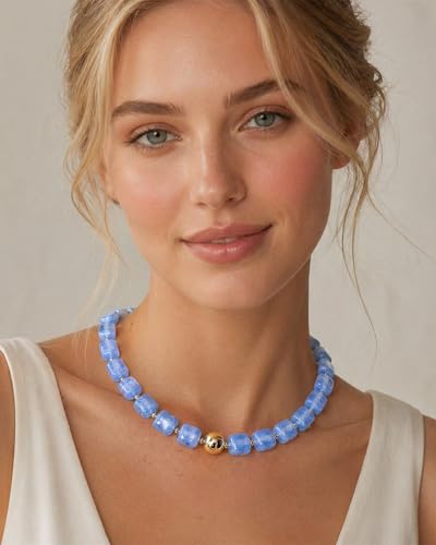Chunky Beaded Statement Necklace for Women Trendy Colorful Boho Resin Bead Choker Necklaces Summer Handmade Jewelry Gifts Accessories - color: Blue - 2