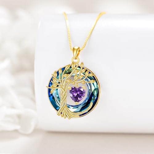 POPLYKE Mothers Day Gifts for Mom Her Wife Tree of Life Necklace 925 Sterling Silver Birthstone Pendant with Crystal Anniversary Birthday Wedding Jewelry for Women - color: 02-Feb-Amethyst, style: 18K Gold Plated-Blue Crystal