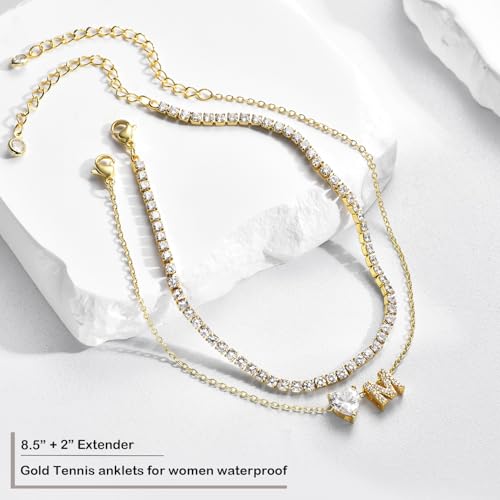 Gold Initial Ankle Bracelets for Women Waterproof 14K Gold Filled Layered Anklets for Women Non Tarnish Women's Anklets Adjustable Large Ankle Summer Beach Foot Jewelry - style: Gold-T