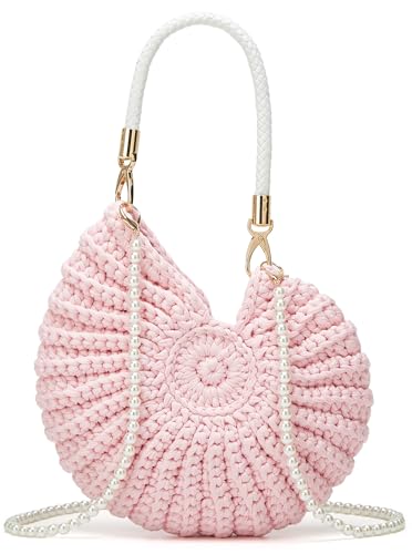Handmade Crochet Tote Bag Seashell Purse for Women Boho Shell Handbag Crossbody Shoulder Bag Summer Beach Clutch Hobo Handbag - color: Pink