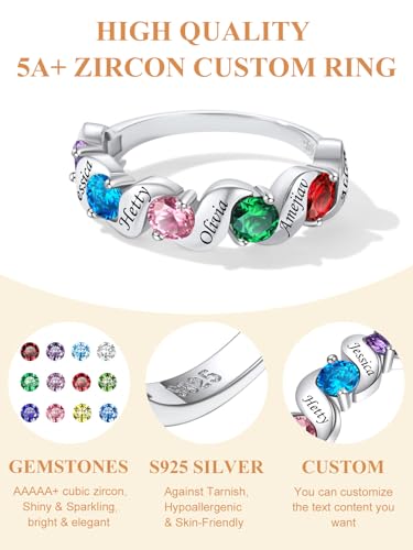 Custom4U Personalized Mothers Ring with 1-5 Birthstones Names Engraved 925 Sterling Silver/14K White Gold Plated Birthstone Rings for Women Promise Ring Birthday Jewelry Gifts for Mom Grandmother Wife - color: 5 Birthstones Ring (Engraved)