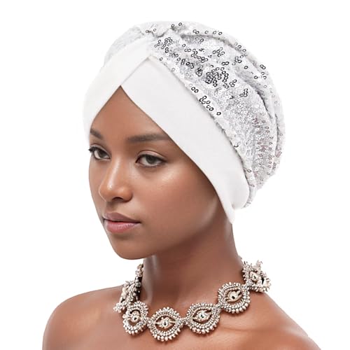 Erinaco Women Sparkle Sequin African Turban Bow Knot Pre-Tied Cap Pleated Ruffle Bonnet Beanie Hat Headwrap Skull Caps - color: Sparkle White