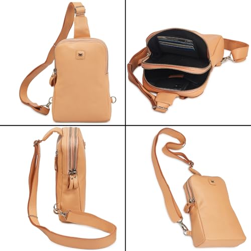 Leather Sling Bag for Women Genuine Crossbody Purse Small Trendy Cross Over Chest with Phone and Credit Card Slots (Peach Nappa) - color: Peach Nappa