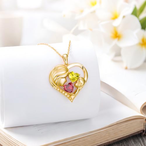 Mothers Day Gifts 14K Yellow Gold Mother Daughter Heart Pendant Necklace with 12 Months Birthstone Birthday Gifts for Mom Anniversarry Jewelry for Mom Wife Girlfriend - color: 01-11-Jan-Nov Birthstone