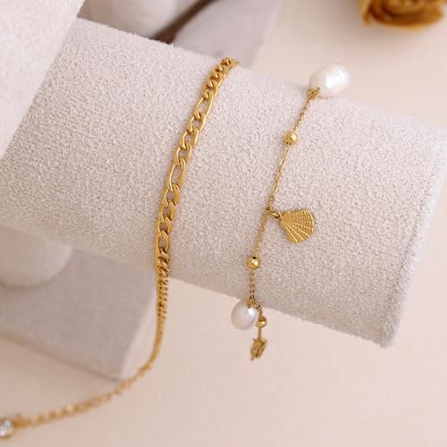Boho Beads Beach Layered Anklet Set for Women, Handmade Gold Starfish Pearl Shell Anklets Summer Ocean Accessories Jewelry Gift - color: Figaro