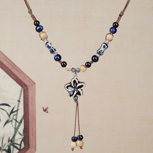 Boho Style Colorful Ceramic Bead Strand Necklace Adjustable Bohemian Jewelry Gift for Women, Fashion Clothing Matching Necklace - color: Brown-Black