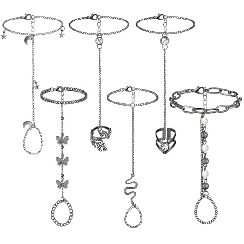 Fumete 6 pcs Finger Ring Bracelet Linked Rhinestone Hand Harness Chain Slave Bracelet with Ring Everyday Jewelry for Women - color: Black, style: Classic