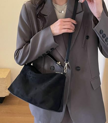 Suede Shoulder Bags For Women Crossbody Bag Suede Tote Bag Satchels Slouchy Work Purses Crescent Handbag Fall Top Handle - color: Black