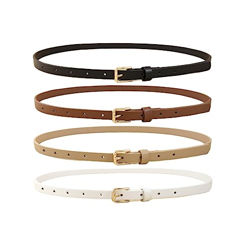HOTWILL 4 Pack Women Skinny Belts for Jeans Dress Thin Waist Belt for Ladies - color: Gold Buckle B Black Beige Brown White, size: Small