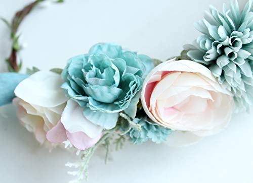Vivivalue Boho Flower Headband Women Floral Crown Hair Wreath Flower Headpiece Halo with Ribbon Wedding Party Festival Photos Blue - color: 48