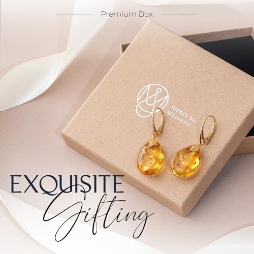 Leverback Dangle Earrings for Women – Gold-Plated 925 Silver Drop Earrings with Natural Yellow Baltic Amber Piece, Lightweight Jewelry with Secure Closure for Everyday Elegance - color: Amber