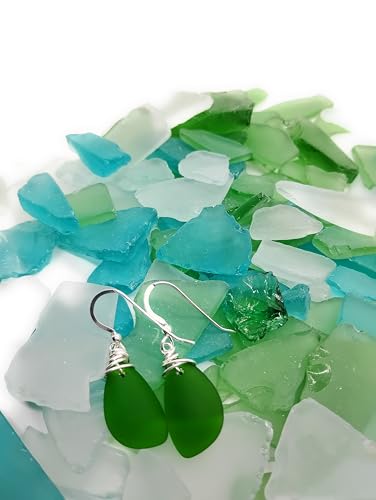 Popular Recycled Sea Glass Earrings on Sterling Silver Hooks - color: Green 2