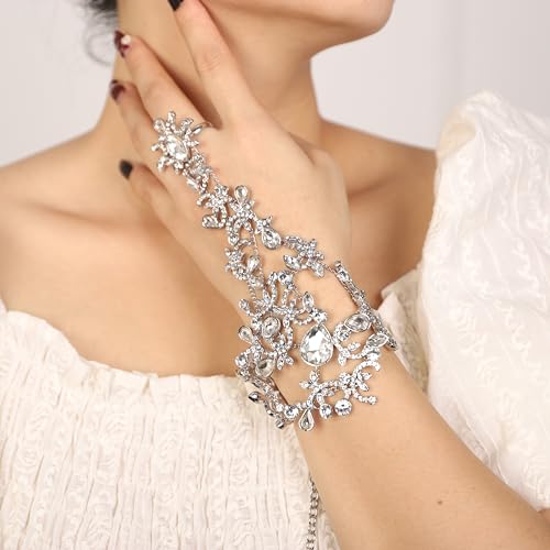 Denifery Rhinestones Finger Ring Bracelet Hand Chain Bracelets with Ring Slave Bracelets Boho Bangle Bracelets Wedding Hand Harness Hand Accessories for Women - color: Silver