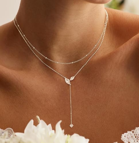 Gold Necklace for Women - Dainty Long Lariat Necklace 14K Gold Plated Clover Star Teardrop CZ Y Shaped Drop Necklaces Cute Long Necklaces for Women Trendy Prom Formal Womens Jewelry - color: Silver-Layered PJ Drop