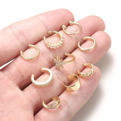 Dochais 9Pcs Ear Cuff 14K Gold Plated Cuff Earrings Gold Ear Cuffs Non Pierced Ear Clips Cartilage Earring Fake Earrings - style: A-9pcs-Gold