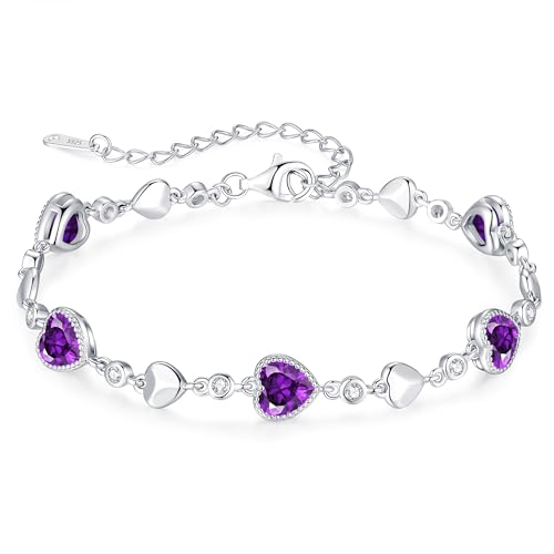 925 Sterling Silver Birthstone Heart Bracelet Jewelry Gift for Women | Rose Gold Plated Bracelets,Hypoallergenic,Adjustable Chain Personalized Anniversary Christmas Jewelry Gift for Mom Wife - color: Sterling Silver-02-Feb