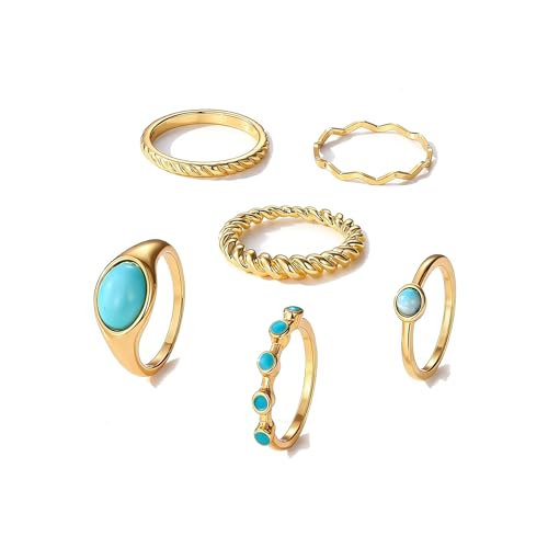 Bohemian Turquoise Ring for Women Chunky Gold Flower Statement Rings Vintage Round Turquoises Stackable Knuckle Ring Set for Women Western Jewelry - style: Turquoise ring-6Pcs