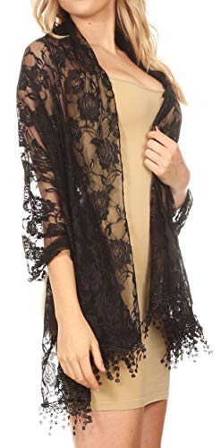 Sakkas Mari Women's Large Lightweight Soft Lace Scarf Wrap Shawl Floral and Fringe - color: Blackroselace