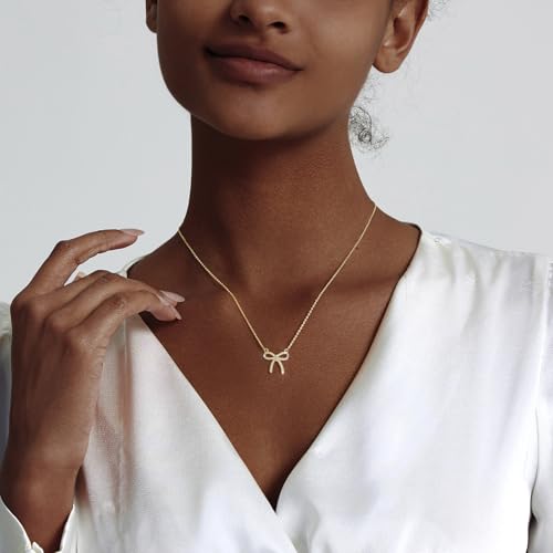 Luxval Diamond Pendant Gold Necklace for Women，Dainty 18k Gold Plated Choker Necklaces Simple Gold Jewelry Gifts for Women Girls - color: Gold-CZ bow