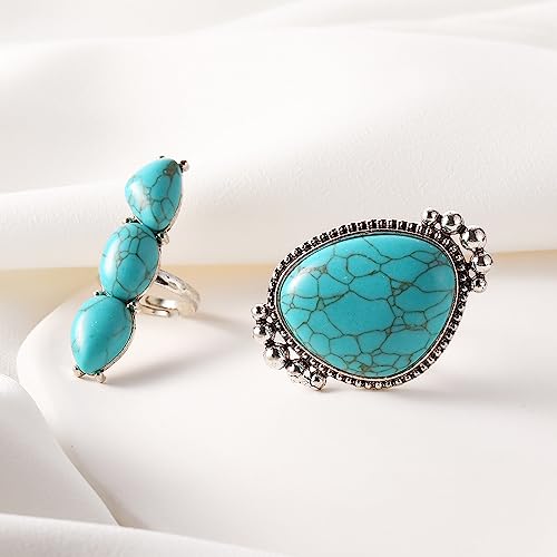 Bohemian Turquoise Ring for Women Stackable Vintage Chunky Boho Turquoise Ring Set Dainty Open Gemstone Knuckle Midi Finger Rings Western Statement Rings Jewelry - style: two