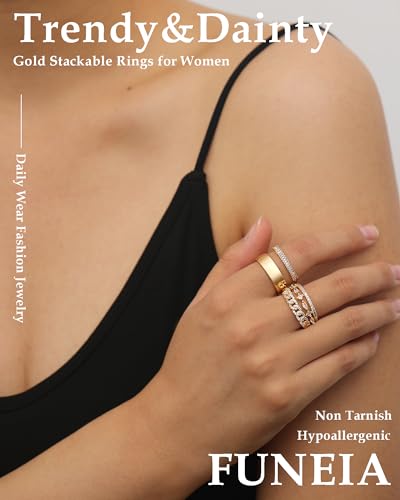 FUNEIA Stackable Gold Rings for Women Non Tarnish Trendy Dainty 14K Gold Plated Stacking Cubic Zirconia Thumb Ring Set Pack Statement Chunky Band Rings Promise Engagement Rings Size 7 8 9 10 11 - color: A-5Pcs Ring Set