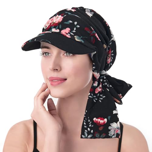 XYIYI Chemo Headwear for Womens Cancer Patients, Head Scarf Chemotherapy Headwraps Hat - color: Black Flower
