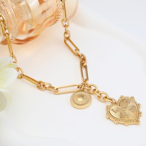 Gold Love Heart Sun Charm Chunky Paperclip Chain for Women Trendy 18K Gold Plated Coin Sunflower Pendant Choker Necklace Hip Hop Jewelry Gifts for Her - style: LOVE HEART, COIN SUN