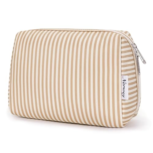 Narwey Striped Makeup Bag Travel Cosmetic Bag Organizer Toiletry Bag Make Up Bags with Compartments for Women Girls (Large,Brown Stripe) - color: A-Brown Stripe, style: Large