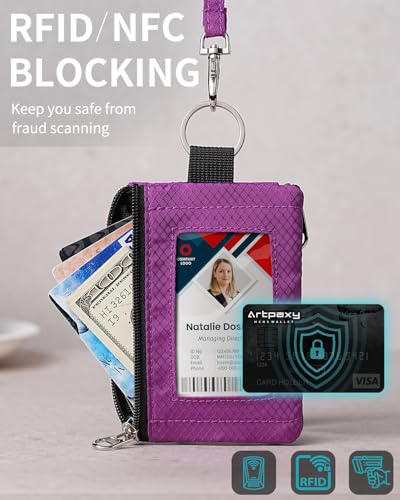 Artpaxy Minimalist Wallet For Mens Womens, Keychain RFID Blocking Zipper Small Wallet with ID Window 2 Lanyards,Water Resistant Travel Cash Card Coin Case Boys Girls - color: Purple, style: Casual
