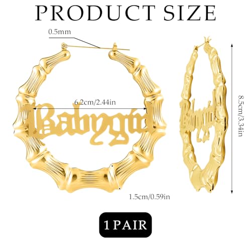 Bamboo Hoop Earrings, Large Hip Hop Bamboo Earrings for Women Silver Plated Statement Oversized Bamboos Hoop Earrings Set for 80s 90s Rapper Accessories Daily Wear Fashion Party - color: Letters, size: 90m