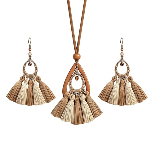 Wooden Leather Necklaces Set Bohemian Wood Stack Discs Long Chain Hemp Rope Bronze Plated Pendant Ethnic Tribal Fall Leaf Earrings Jewelry Statement Necklace - color: R-039
