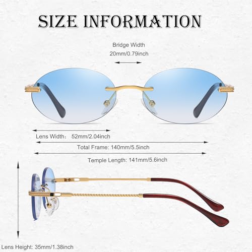 Retro Oval Sunglasses Rimless Small Round Glasses Frameless UV400 Men Women Fashion Shades - color: 2pack (Blue + Clear)