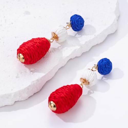 Boho Raffia Earrings Statement Dangle Earrings Cute Teardrop Ball Earrings Colorful Summer Jewelry Handmade Rattan Earrings for Women - color: Red/White/Blue