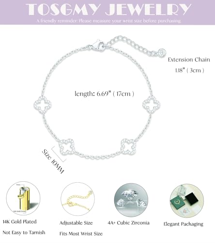 Dainty Silver Gold Bracelets for Women Trendy Non Tarnish 14K Gold Plated Cute Clover Bracelet Stackable Daisy Cubic Zirconia Diamond Charm Bracelet Stack Waterproof Jewelry Gifts - color: B- CZ Clover Bracelet- Silver