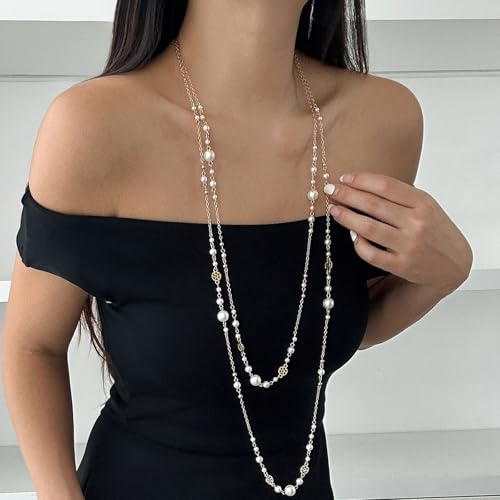 Long Necklaces for Women Pearl Necklaces for Women Long Chain Necklace Dainty Layered Pearl Necklace Statement Sweater Strand Chain Jewelry - color: Silver