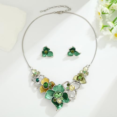 Vintage Chunky Statement Jewelry Set Retro Leaf Floral Geometric Bohemian Boho Bib Necklace Earring Set Fashion Costume Jewelry for Women Girls Wedding Party Prom Unique Gift - style: 3 petal flower JS silver green