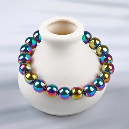 LPBeads Handmade Natural Gemstone Stretch Elastic Bracelet Healing Crystal Round Stone Beads Jewelry Gifts for Women Men - color: Rainbow Coated Hematite, size: 10mm