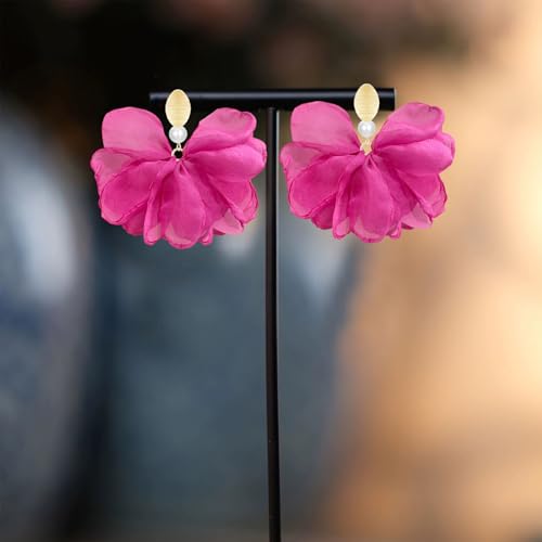 Handmade Fabric Flower Petal Fringe Dangle Drop Earrings Bohemian Floral Tassel Stud Earrings For Women - color: Rose Red