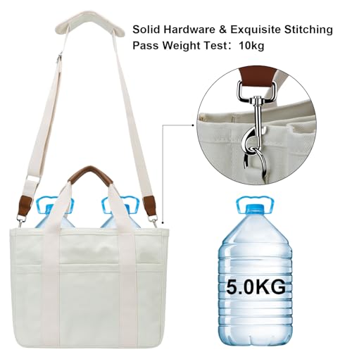 KKXIU Canvas Tote Bag for Women with Zipper and Compartments Crossbody Large Bible Messenger Purse Bag With Pockets | Canvas - color: Beige, size: X-Large