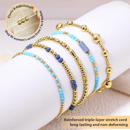 Gold Beaded Bracelets for Women: 14K Gold Bracelets for Women Trendy Dainty Gold Ball Bracelet Stack for Womens - Boho Stretch Bracelets Jewelry Sets with Cross Fashion Accessories Gifts for Women - style: Pearl